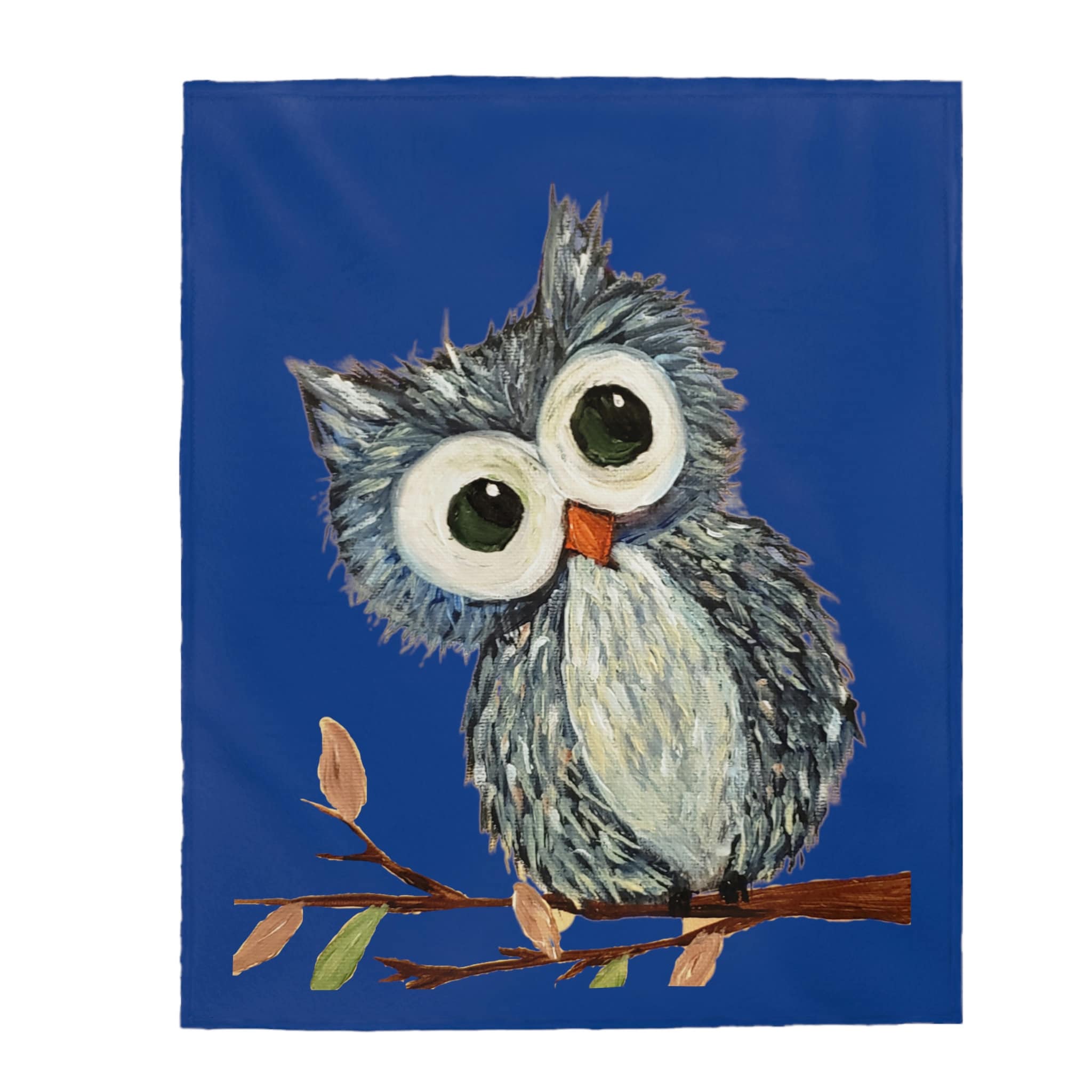 Blue Owl on Dark Blue Velveteen Plush Blanket | Kids Nursery Soft Throw | Adorable Baby Blanket | Cu