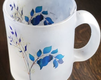 Blue Yellow Flowers Bouquet Frosted Glass Mug | Trendy Spring Lover Statement Glass Tea Cup | Vintage Floral Glassware Accessory for Kitchen