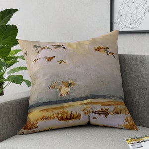 Flying and Hunting Duck Polyester Square Pillow Sofa Cushion | Bird or Duck Hunter Gift for Father&#39;s Day | Hunting Lodge Man Cave Home Decor