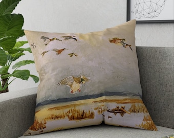 Flying and Hunting Duck Polyester Square Pillow Sofa Cushion | Bird or Duck Hunter Gift for Father's Day | Hunting Lodge Man Cave Home Decor