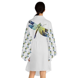Blue Dragonfly Long Sleeve Kimono Robe | Satin Power Bathrobe For Men or Women | Sleepwear Dressing Gown | Silky Feel Bath Robe