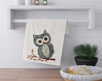 Blue Owl | White Kitchen, Tea, or Bath Hand Towel | Gift for Housewarming Gift, Kids Bathroom, or Guest Bath Decor | Adorable Tea Towel