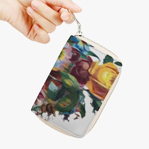 Cartera pequeña con cremallera y diseño de rosas de acuarela en color blanco, tarjetero, cartera de muñeca, minitarjetero con cremallera, cartera vegana para mujer