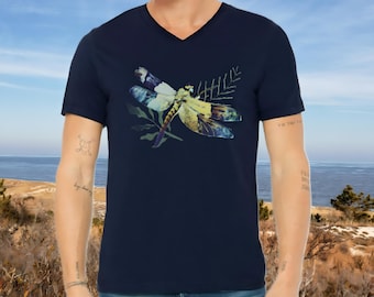 Blue Dragonfly Jersey Short Sleeve V-Neck Tshirt | Ladies Cute Animal Lover Shirt | Unisex Dragonfly Tee | Women T-Shirt Gift for Her