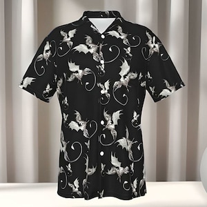 Dragons Black Men&#39;s Hawaiian Shirt With Pocket Geek Hawaiian Shirt Mens Vacation Shirt