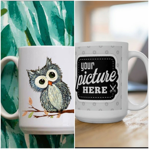 Personalized Blue Owl Bird Ceramic Coffee Mug 15oz | Custom White Tea Cup | Birthday Present | Great Gift idea!