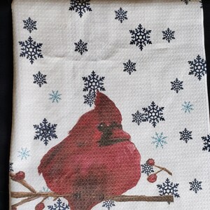 Winter Cardinal Tea Towel Waffle Weave Kitchen Hand Towel for Bird Lover - Guest Bath or Kitchen Towel