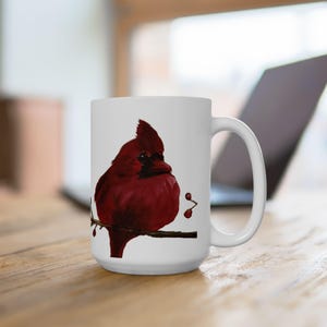 Red Cardinal Bird Sitting on Branch printed on both sides White Ceramic Mug 15oz