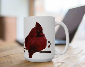 Red Cardinal Bird Sitting on Branch printed on both sides White Ceramic Mug 15oz