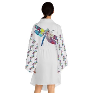 Rainbow Dragonfly Long Sleeve Kimono Robe | Satin Power Bathrobe For Men or Women | Sleepwear Dressing Gown | Silky Feel Bath Robe