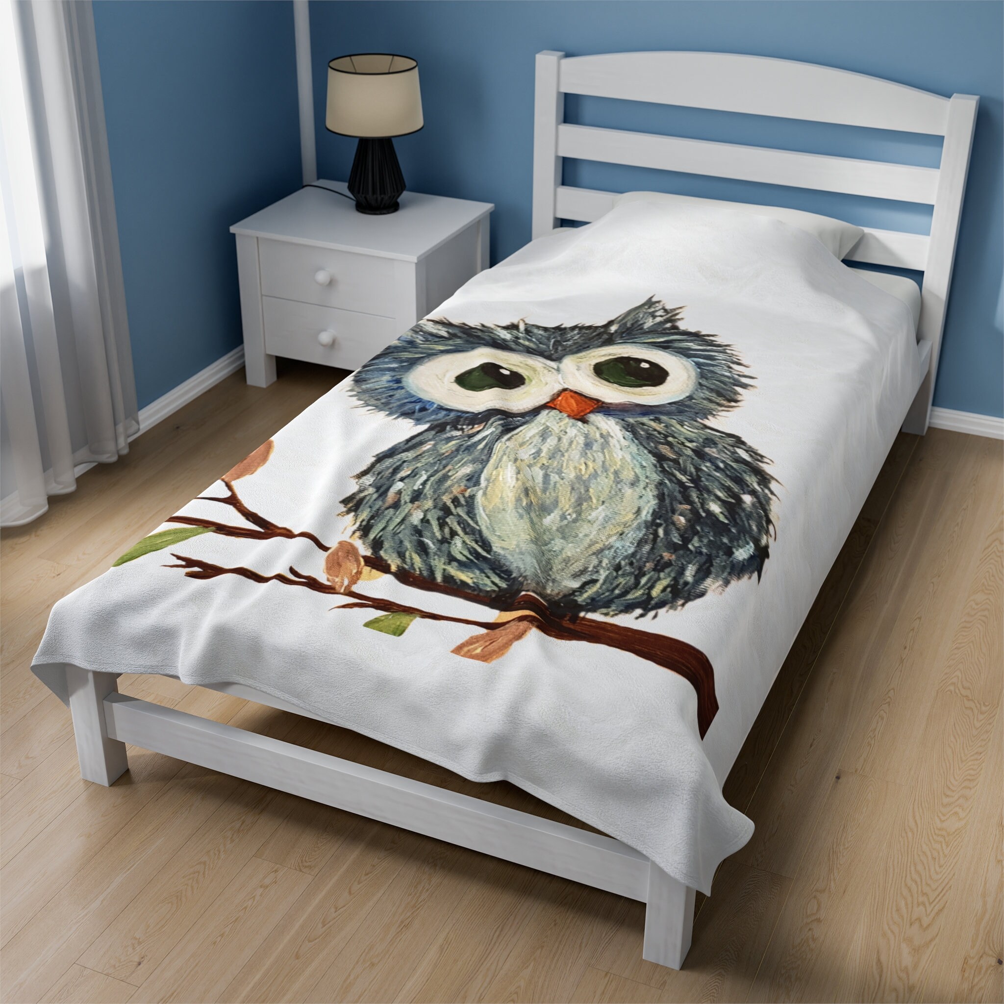 Blue Owl on White Velveteen Plush Blanket - Adorable, Kids, Nursery, Soft Throw | Owl Baby Blanket |