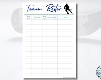Hockey Sports Team Roster Printable | Travel Tournament Player Chart | Coach Manager Planning List | Instant Download PDF | 1 Page Organizer