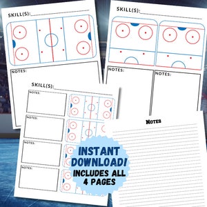 May include: Four printable pages with hockey rink diagrams and space for notes. The pages are designed for hockey practice planning and include the text "SKILL(S):" and "NOTES:"