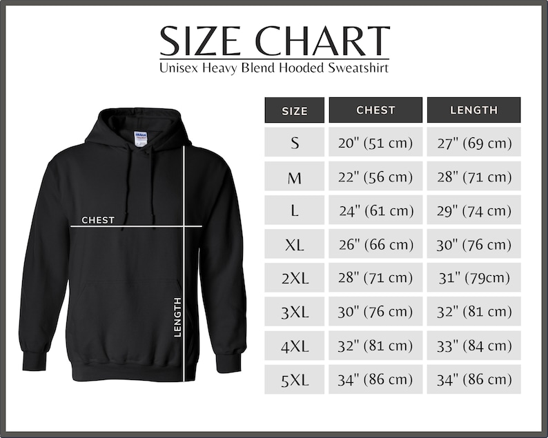 Op de afbeelding: Maattabel voor een unisex hoodie. De tabel toont de borst- en lengtemaat in inches en centimeters voor maten S tot en met 5XL.