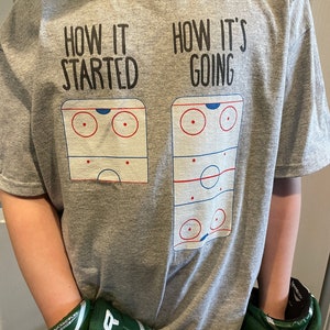 Pu&ograve; includere: Maglietta grigia con un design a tema hockey. La maglietta presenta due diagrammi di pista di hockey, uno che mostra una configurazione semplice e l'altro che mostra una configurazione pi&ugrave; complessa. Il testo "How It Started" e "How It's Going" &egrave; stampato sopra i diagrammi.