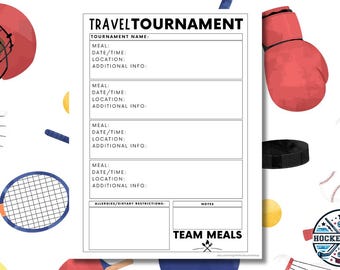 Travel Sports Tournament Team Meals Information Printable Planner Page | Team Manager Coach Club Player Planning | Instant Download PDF
