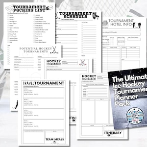 May include: A printable planner pack for hockey tournaments. The pack includes a packing list, tournament schedule, hotel information, travel tournament planner, hockey tournament planner, and an itinerary. The cover of the planner pack features a hockey stick and puck with the text "The Ultimate Ice Hockey Tournament Planner Pack".