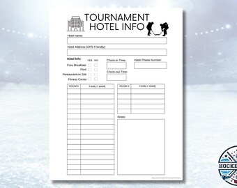 Ice Hockey Tournament Hotel Information Sheet Printable Planner Page | Team Manager Coach Club Player Planning List | Instant Download PDF