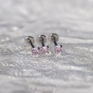 18g pink internally threaded Diamond Cartilage Studs, Tragus Studs, internally piercing stud