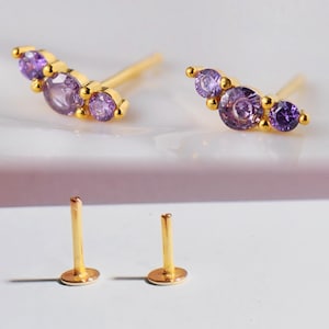 Boucles d'oreilles en cartilage de conque grimpeur améthyste 18 g, boucles d'oreilles minimalistes, clous de cartilage, clous de tragus 925S