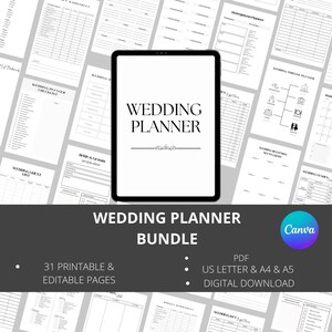 Könnte beinhalten: Ein schwarzes und weißes digitales Hochzeitsplaner-Paket mit 31 druckbaren und bearbeitbaren Seiten. Das Paket beinhaltet eine Checkliste, einen Sitzplan, eine Gästeliste, ein Budget-Arbeitsblatt und vieles mehr. Der Text "Wedding Planner Bundle" wird in großen, fetten Buchstaben angezeigt. Der Text "PDF, US Letter & A4 & A5, Digital Download" wird in kleineren Buchstaben angezeigt. Das Canva-Logo wird in der unteren rechten Ecke angezeigt.