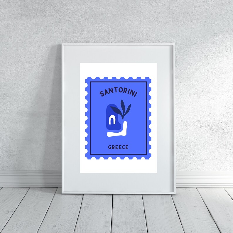 May include: A blue and white illustration of a stamp with the text "SANTORINI GREECE" and a stylized image of a house with a plant.