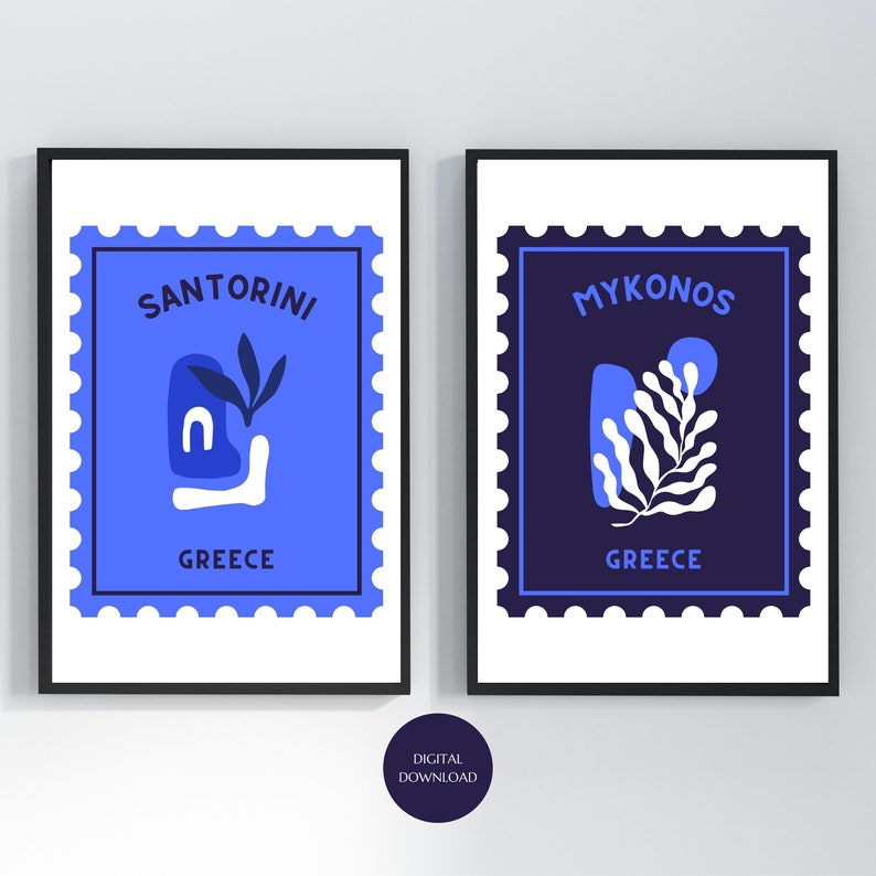 May include: Two printable art prints with a blue and white stamp design. The left print features a blue background with white text that says "Santorini Greece". The right print features a purple background with white text that says "Mykonos Greece".