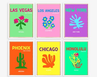 Set of 6 Travel Prints, Preppy Wall Art, Summer Wall Art, Colorful Posters, Set of 6 prints, United States Poster, Los Angeles, New York