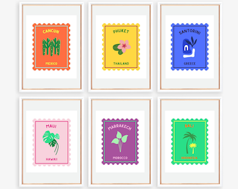 Set Of 6 Prints, Colorful Wall Art, Set Of Travel Posters, Famous places, Bali, Maui, Cancun, Santorini, Marrakech, Digital Download