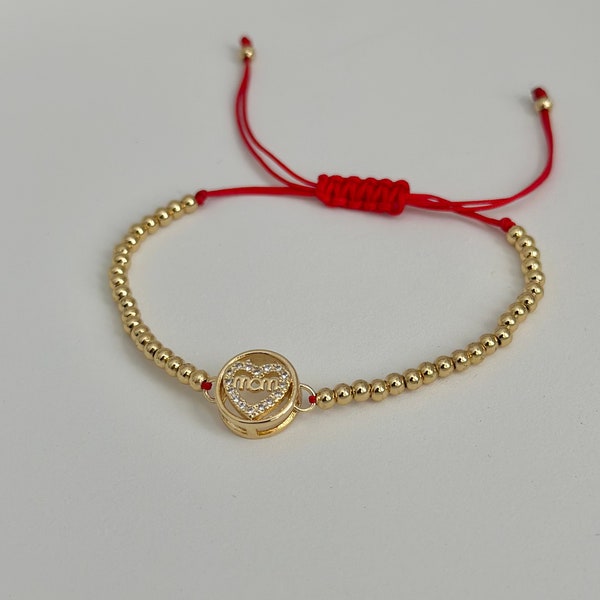 Mom Bracelet With Charm by Sealight Jewelry - Minimalistic Design - Stainless Steel Gold Plated With Adjusted Red Cord