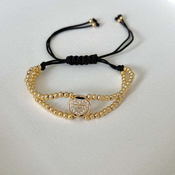 Mom Double Bracelet With Charm by Sealight Jewelry - Minimalistic Design - Stainless Steel Gold Plated With Adjusted Black Cord
