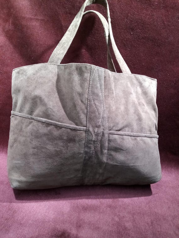 Shoulder/ Tote Bag/ Dark Taupe Suede/ Cranberry Corduroy Lining