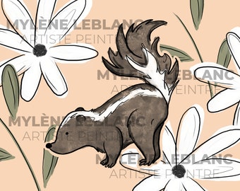 Skunks and flowers (2), illustration for personal or commercial use