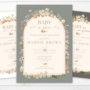 カスタム Baby In Bloom 春のベビーシャワー招待状 - Canva テンプレート編集可能 - 5x7 A5 編集可能 - 花柄プリント - 自宅またはプロによる印刷