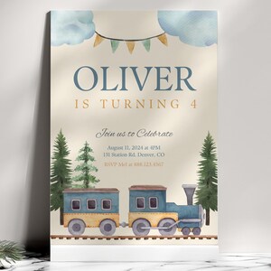 May include: A birthday invitation with a watercolor illustration of a train in a forest setting. The invitation is for Oliver's 4th birthday and includes the date, time, and location of the party. RSVP information is also included.