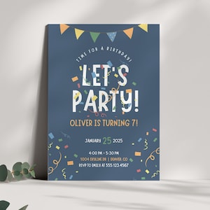 Faire-part d'anniversaire d'enfants amusant pour faire la fête, taille 30A, modèle sur toile modifiable - Facile à imprimer