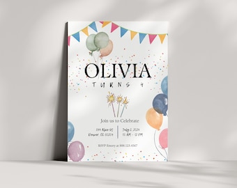 May include: A birthday party invitation for Olivia's 4th birthday. The invitation features colorful balloons, confetti, and a banner with flags. The text on the invitation reads "Olivia Turns 4" and includes the date, time, and location of the party.