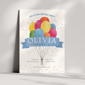 Helle Ballons Aquarell Kinder Geburtstagsfeier Einladung, Größe 30A, bearbeitbare Canva Vorlage