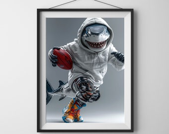 Shark Football Wall Art, Oceanic Defender Poster, Shark Tackle Prints, Marine Sports Gift, Digital Download
