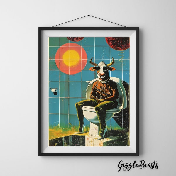 Cow Bathroom Wall Art, Whimsical Farmhouse Decor, Quirky Animal Poster, Humorous Print, Unique Gift, Digital Download