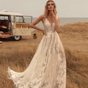 Wedding Dress Country Lace Appliqued Backless Bridal Gown - 54