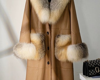 Gorgeous Luxury Leather & Fur Winter Coat - Real Golden Fox Fur Collar/Cuffs/Pockets - Leather Outside with Fur Inside - Long Coat for Women