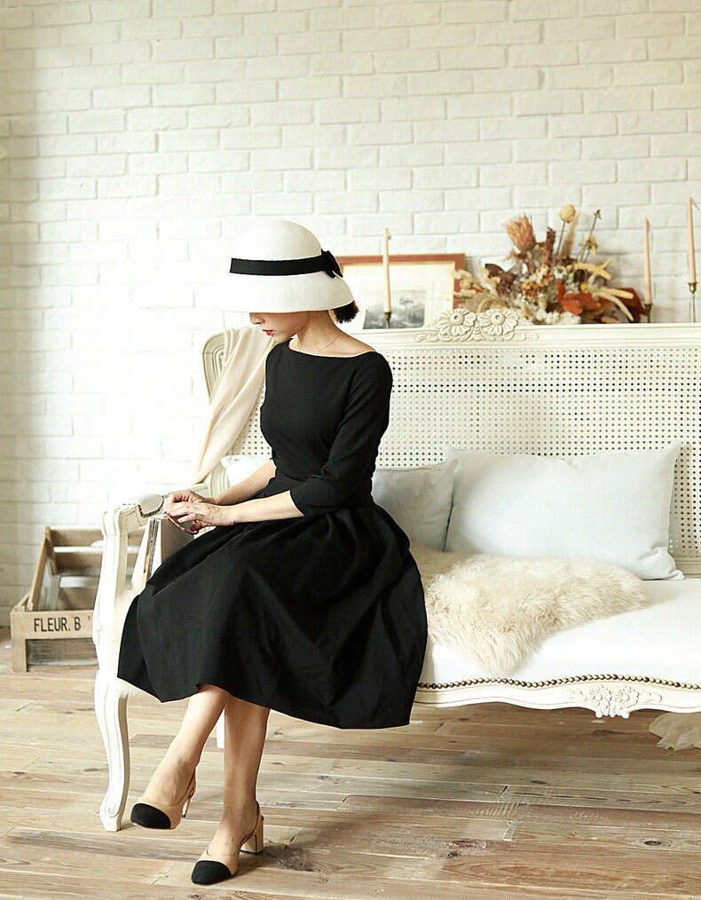 Classic Vintage Style Black Swing Dress Front Boat Collar Back V Neck Medium Length Sleeve Audrey Hepburn Inspired