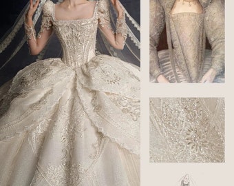 Amazing Luxury Long Sleeve Wedding Dress Big Long Train Ball Gown, Louvre Queen - YFSN30