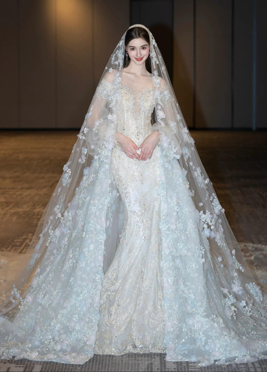 Mera waterfall wedding dress with the train (have pockets , removable adjustable straps).