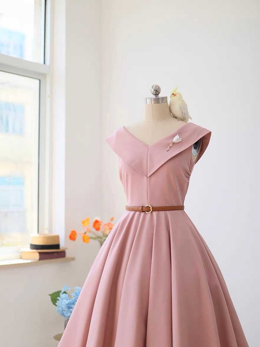 Dark Green V Neck Single Breasted 1950s Dress