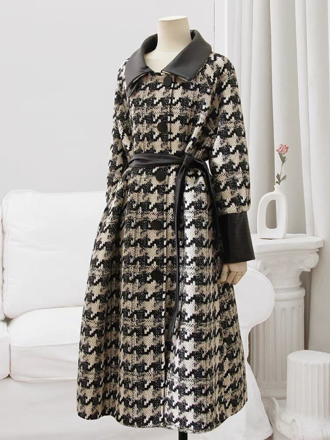 Houndstooth Long Sleeve Patchwork Woolen Coats