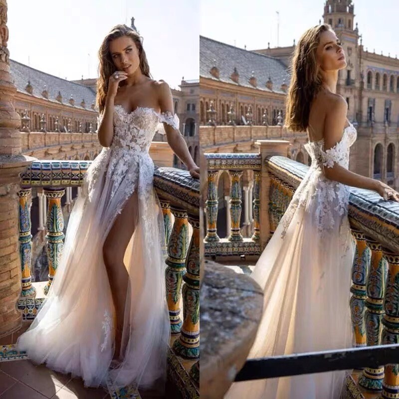 Off the shoulder beach wedding dress hotsell