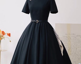 Elegant 1950's Vintage Style Black Swing Dress with Pockets - Audrey Hepburn Inspired