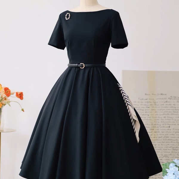 Elegant 1950's Vintage Style Black Swing Dress with Pockets - Audrey Hepburn Inspired